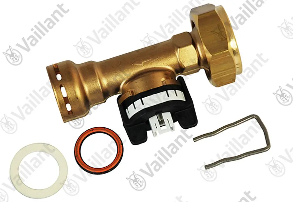 Vaillant Sensor, bestehend aus einem goldfarbenen Ventil mit einer elektronischen Einheit, Gummi-Dichtungen und einer Montageklammer auf hellem Hintergrund.